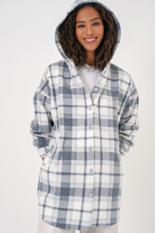 Merterium 0710 Kapüşonlu Oversize Gömlek - Gri