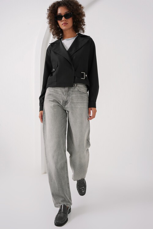 Merterium 0712 Kruvaze Yaka Kısa Trençkot - Siyah