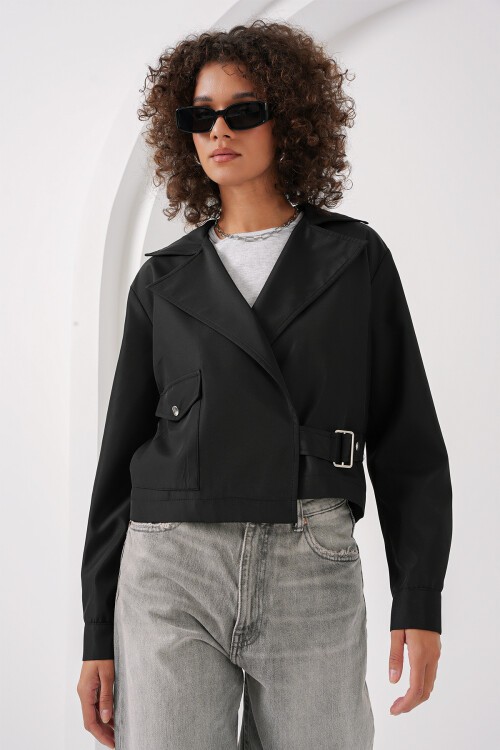 Merterium 0712 Kruvaze Yaka Kısa Trençkot - Siyah