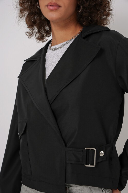 Merterium 0712 Kruvaze Yaka Kısa Trençkot - Siyah