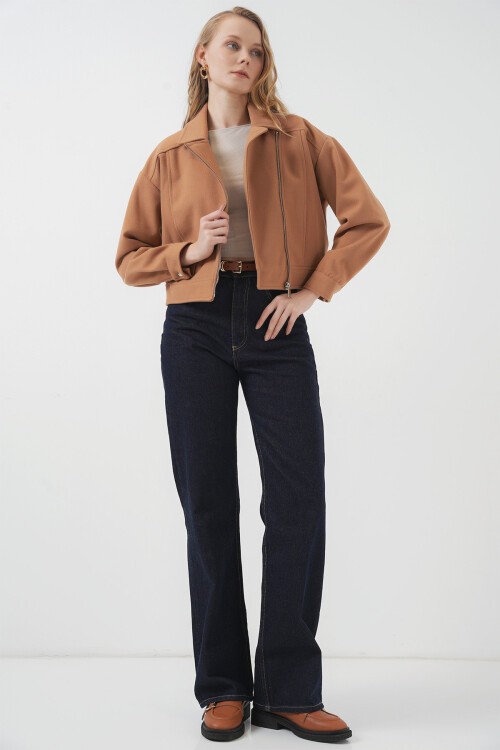 Merterium 0717 Kadın Kısa Kaşe Ceket - Camel