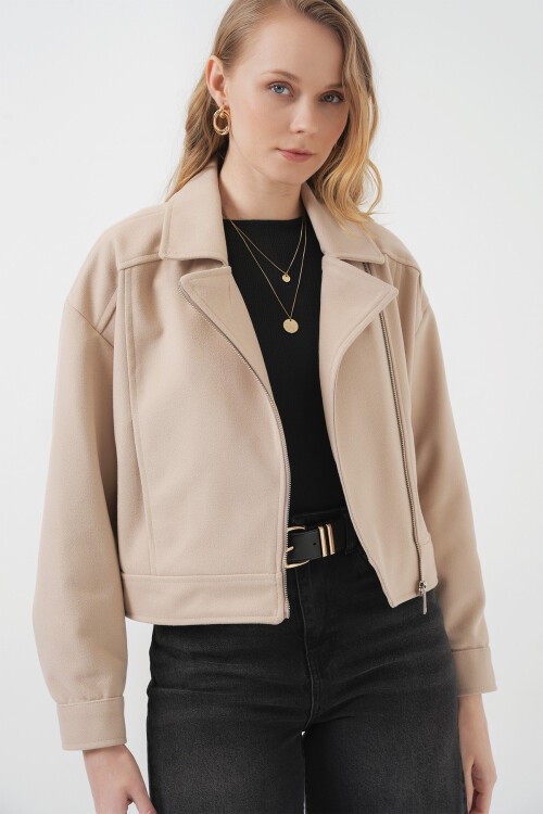 Merterium 0717 Kadın Kısa Kaşe Ceket - Taş