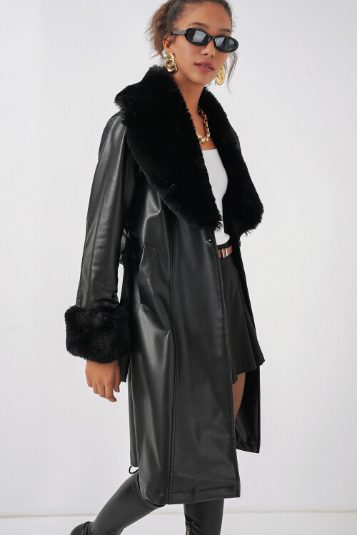 Merterium 1045 Kürklü Suni Deri Kaban - Siyah
