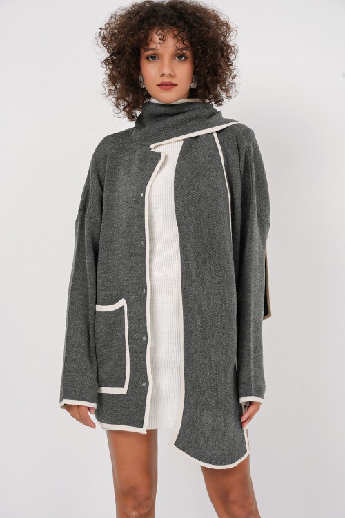 Merterium 15846 Şal Yaka Triko Hırka - Antrasit