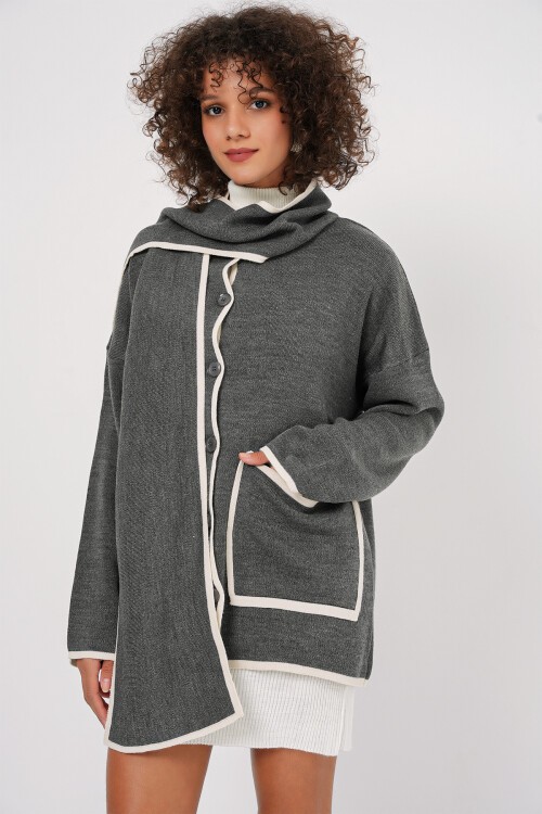 Merterium 15846 Şal Yaka Triko Hırka - Antrasit