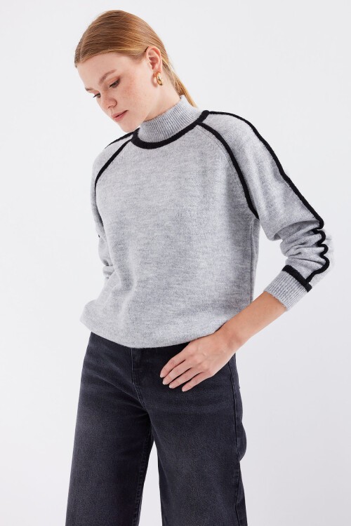 Merterium 15879 Çizgili Oversize Triko Kazak - Gri