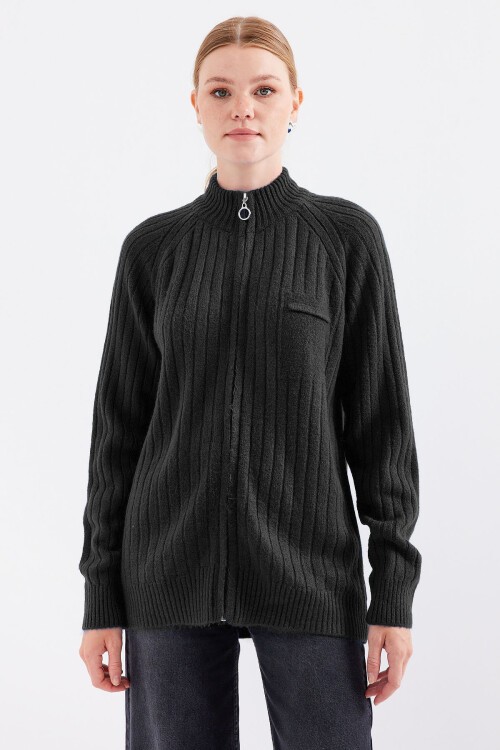 Merterium 15880 Fermuarlı Triko Hırka - Siyah