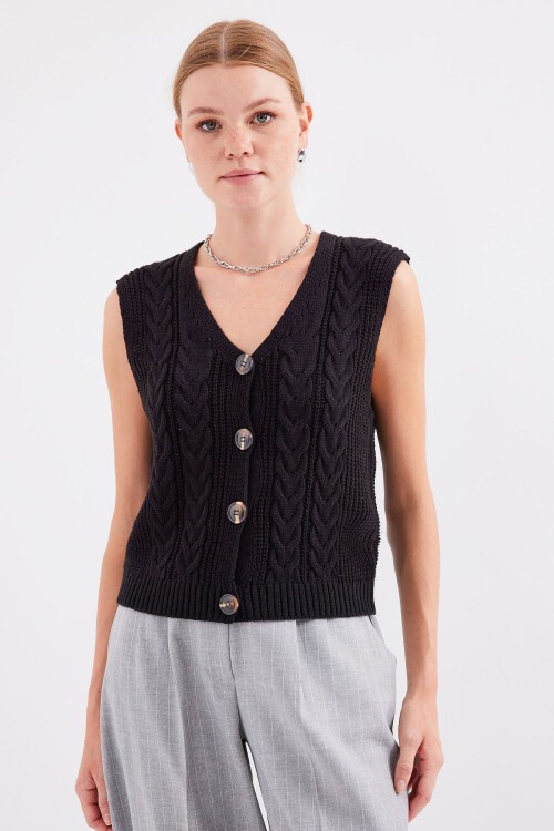 Merterium 15882 Düğmeli Kısa Triko Yelek - Siyah