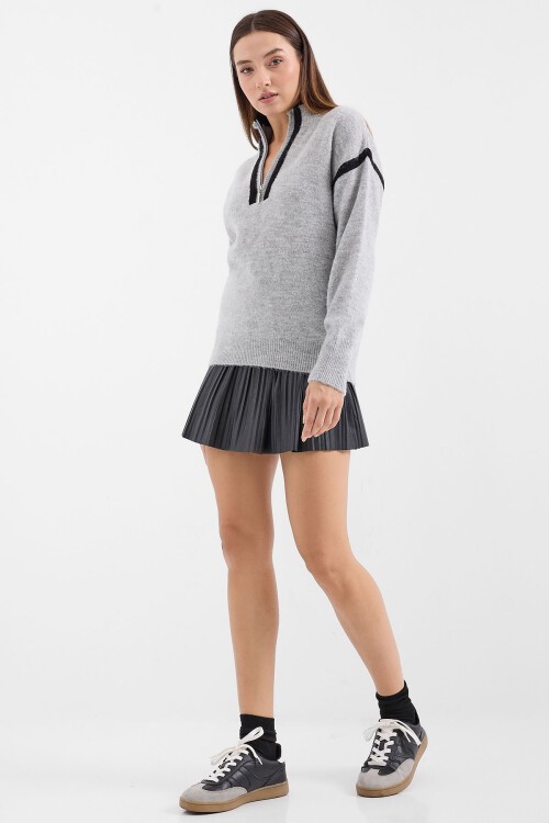 Merterium 15888 Fermuarlı Oversize Kazak - Gri