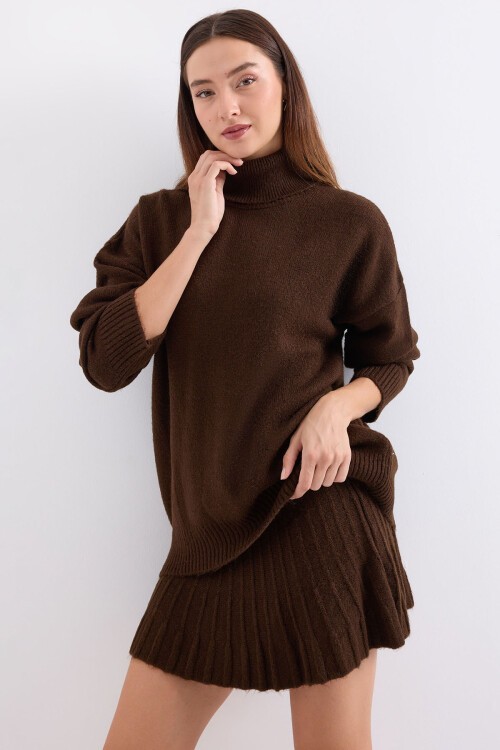 Merterium 15891 Kazak Etek Triko İkili Takım - Kahverengi