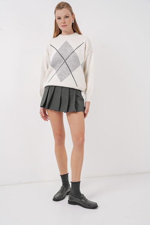 Merterium 15895 Baklava Desenli Oversize Triko Kazak - A.Gri