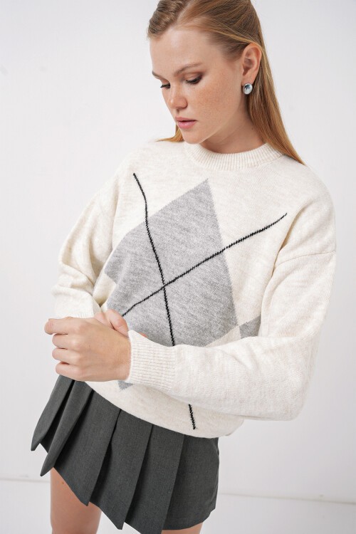 Merterium 15895 Baklava Desenli Oversize Triko Kazak - A.Gri