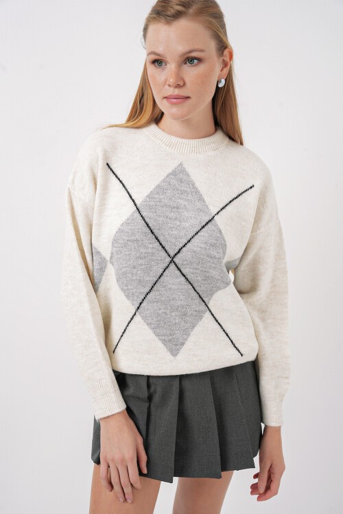 Merterium 15895 Baklava Desenli Oversize Triko Kazak - A.Gri