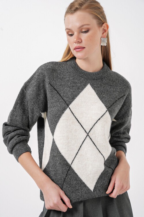 Merterium 15895 Baklava Desenli Oversize Triko Kazak - Antrasit