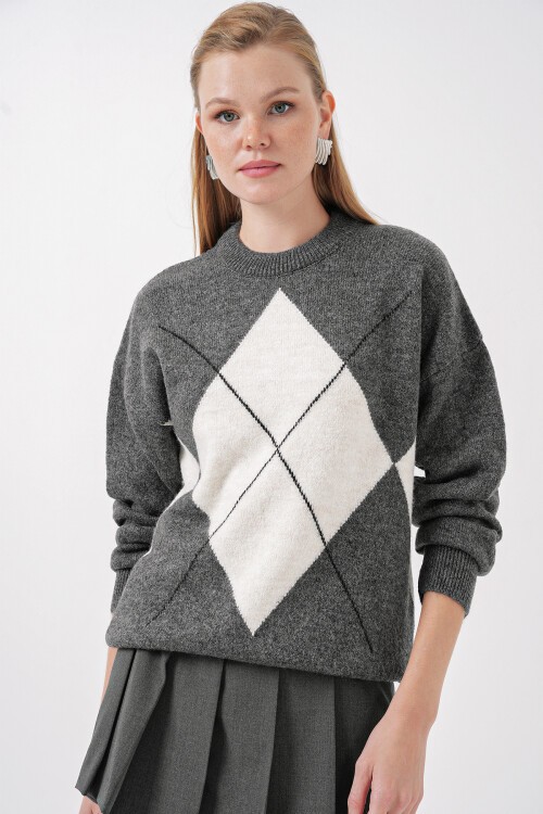 Merterium 15895 Baklava Desenli Oversize Triko Kazak - Antrasit