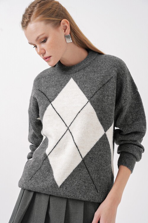 Merterium 15895 Baklava Desenli Oversize Triko Kazak - Antrasit