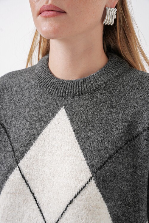 Merterium 15895 Baklava Desenli Oversize Triko Kazak - Antrasit