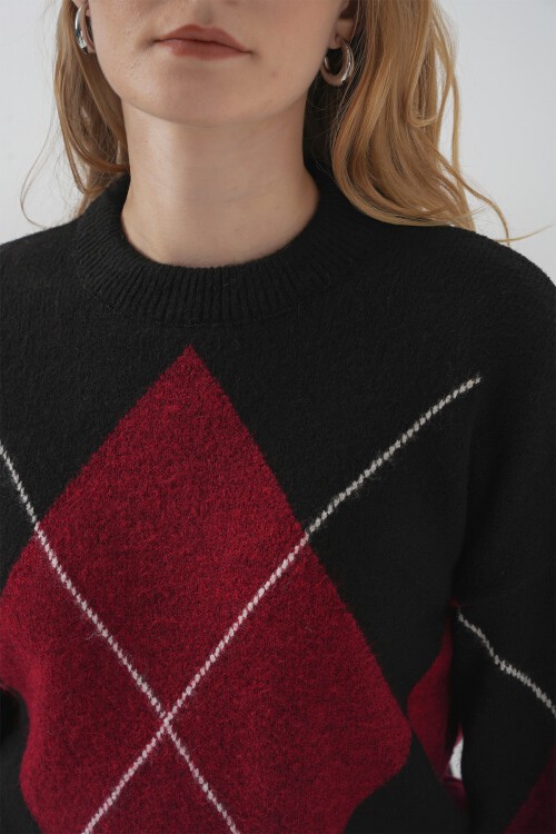 Merterium 15895 Baklava Desenli Oversize Triko Kazak - D. Siyah