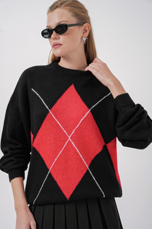 Merterium 15895 Baklava Desenli Oversize Triko Kazak - Siyah