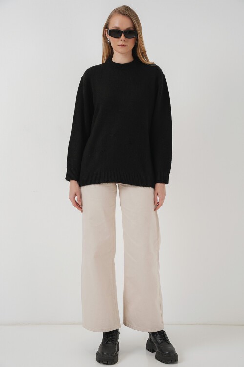 Merterium 15895 Oversize Düz Siyah Triko Kazak