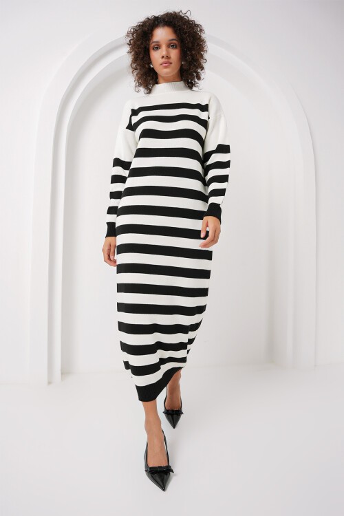 Merterium 15898 Çizgili Uzun Triko Elbise - B.Beyaz