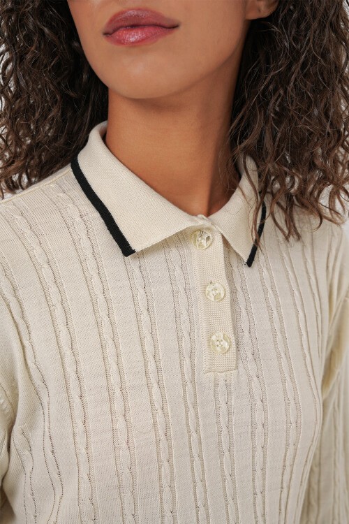 Merterium 15907 Kadın Polo Yaka Kazak Etek Triko İkili Takım - Krem