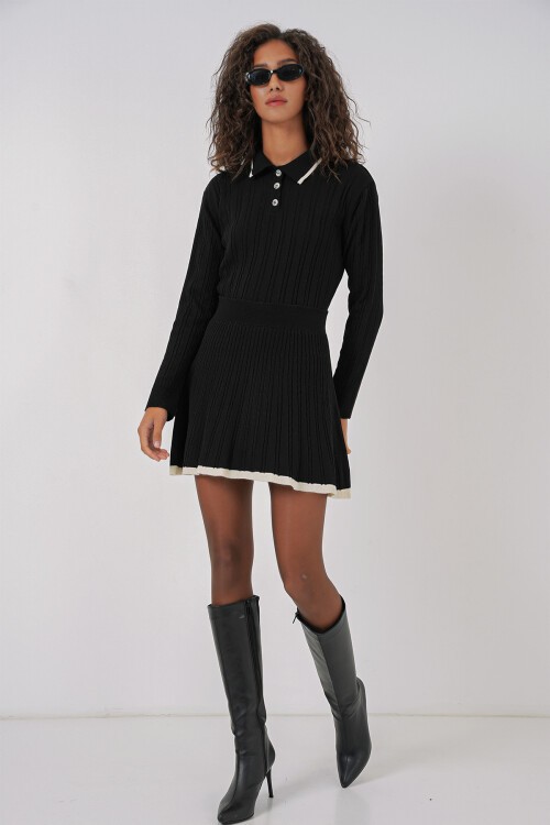 Merterium 15907 Kadın Polo Yaka Kazak Etek Triko İkili Takım - Siyah