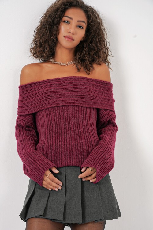 Merterium 15908 Kadın Açık Omuz Oversize Triko Kazak - Bordo
