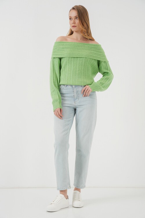 Merterium 15908 Kadın Açık Omuz Oversize Triko Kazak - E.Yeşil