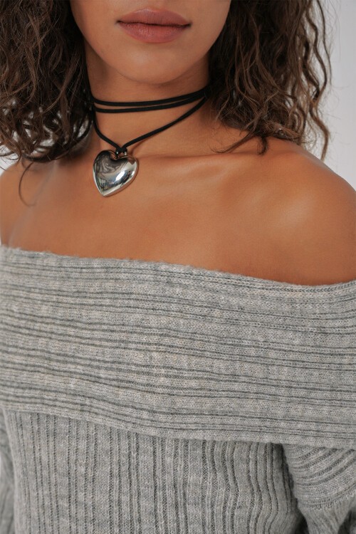 Merterium 15908 Kadın Açık Omuz Oversize Triko Kazak - Gri