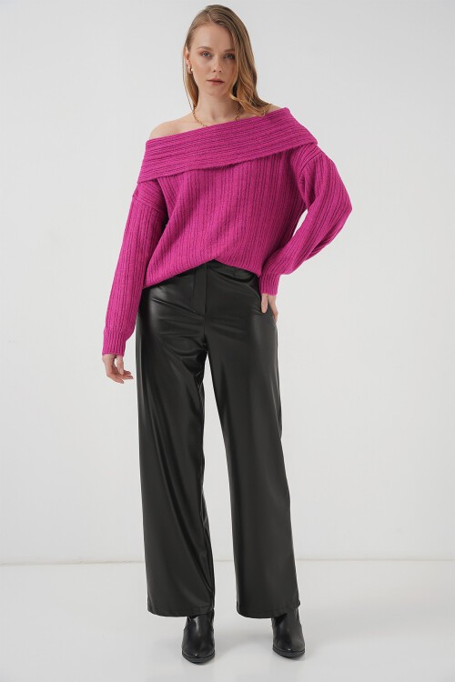 Merterium 15908 Kadın Açık Omuz Oversize Triko Kazak - Koyu Pembe