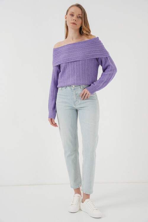 Merterium 15908 Kadın Açık Omuz Oversize Triko Kazak - Lila