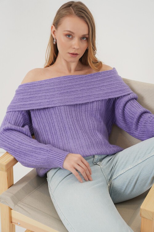Merterium 15908 Kadın Açık Omuz Oversize Triko Kazak - Lila