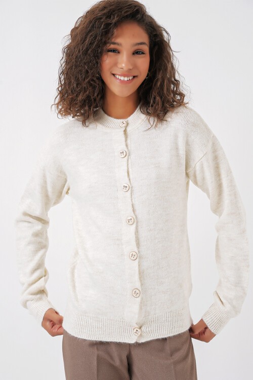 Merterium 15912 Kadın Düğmeli Hırka - Ekru