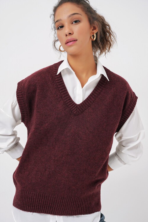 Merterium 15914 V Yaka Triko Süveter - Bordo