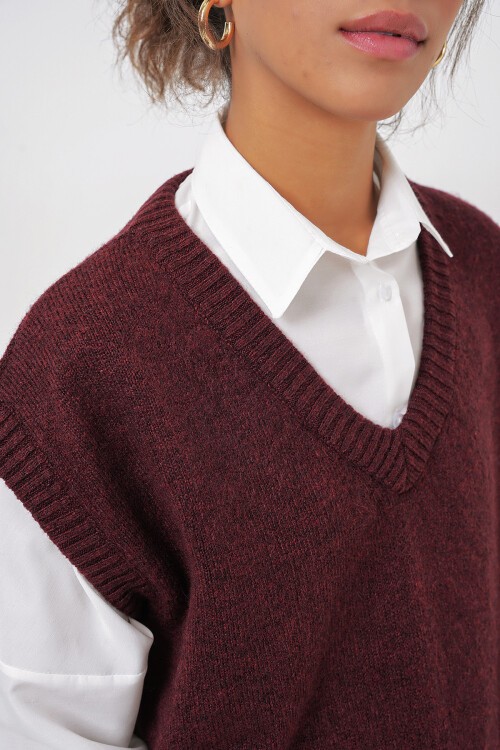 Merterium 15914 V Yaka Triko Süveter - Bordo