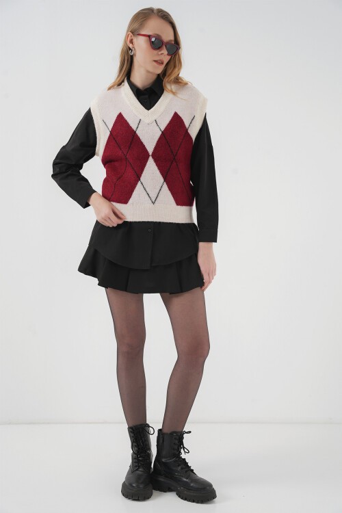 Merterium 15914 V Yaka Triko Süveter - Kırmızı