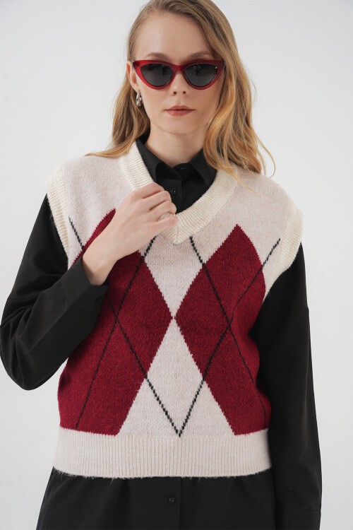 Merterium 15914 V Yaka Triko Süveter - Kırmızı