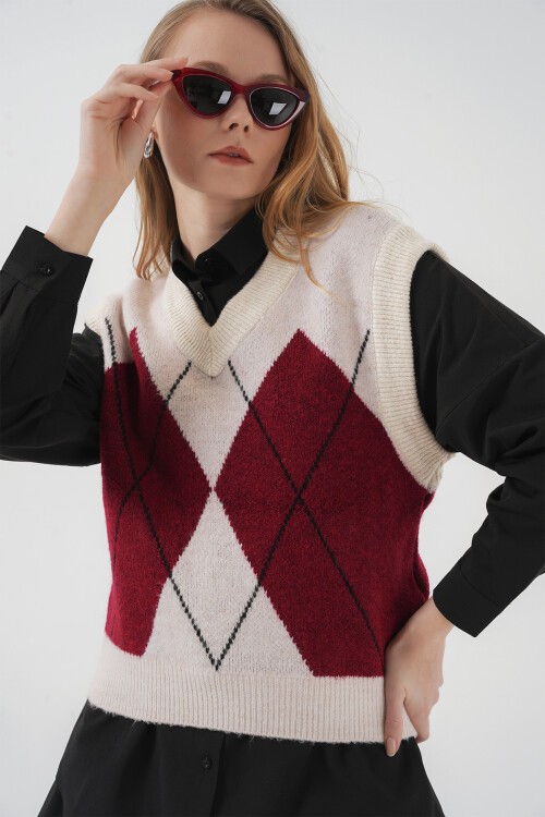 Merterium 15914 V Yaka Triko Süveter - Kırmızı