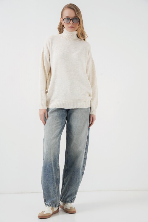 Merterium 15917 Kadın Balıkçı Yaka Oversize Triko Kazak - Ekru