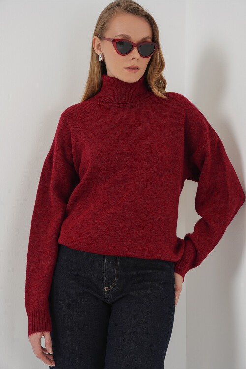 Merterium 15917 Kadın Balıkçı Yaka Oversize Triko Kazak - Kırmızı