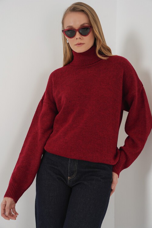 Merterium 15917 Kadın Balıkçı Yaka Oversize Triko Kazak - Kırmızı