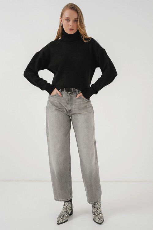 Merterium 15917 Kadın Balıkçı Yaka Oversize Triko Kazak - Siyah