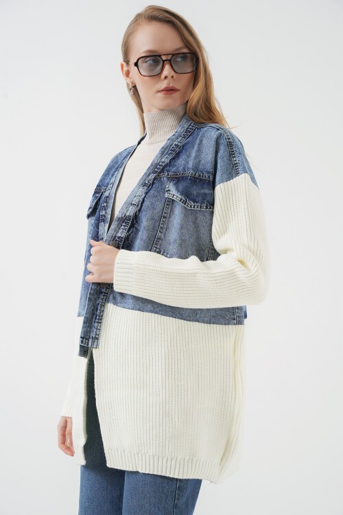 Merterium 15919 Uzun Triko Kot Ceket - Beyaz