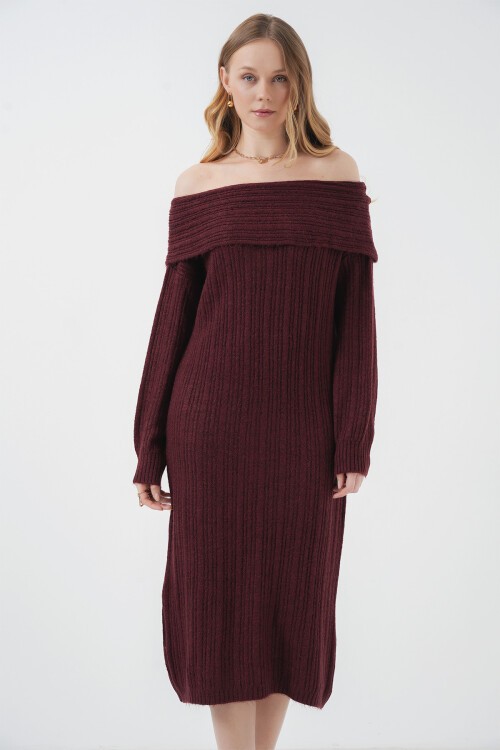 Merterium 15920 Madonna Yaka Oversize Triko Elbise - Bordo