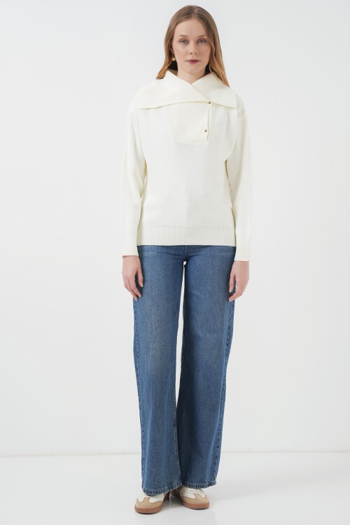 Merterium 15921 Geniş Yaka Triko Kazak - Ekru