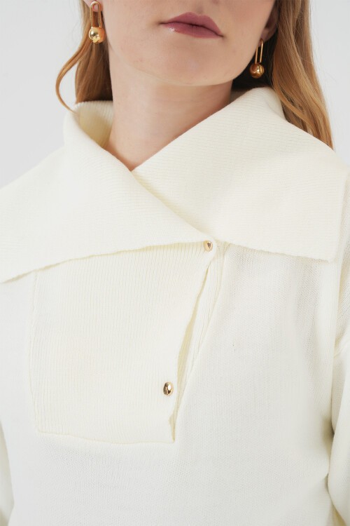 Merterium 15921 Geniş Yaka Triko Kazak - Ekru