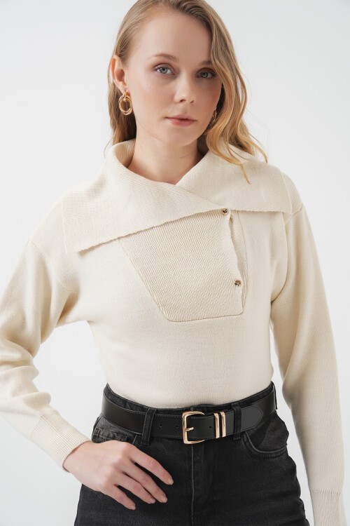 Merterium 15921 Geniş Yaka Triko Kazak - Krem