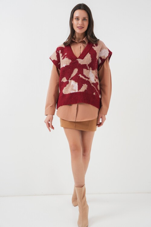 Merterium 15923 Kadın Oversize Triko Süveter - Bordo