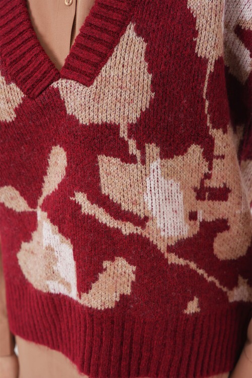 Merterium 15923 Kadın Oversize Triko Süveter - Bordo